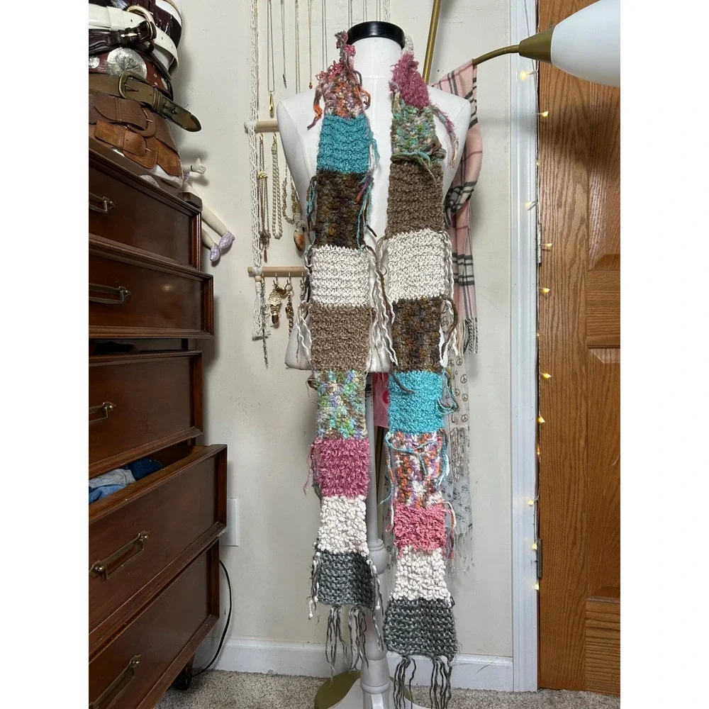 Y2K Mudd‎ Womens Chunky Knit Patchwork Scarf Multi Color Boho Fringed Texture